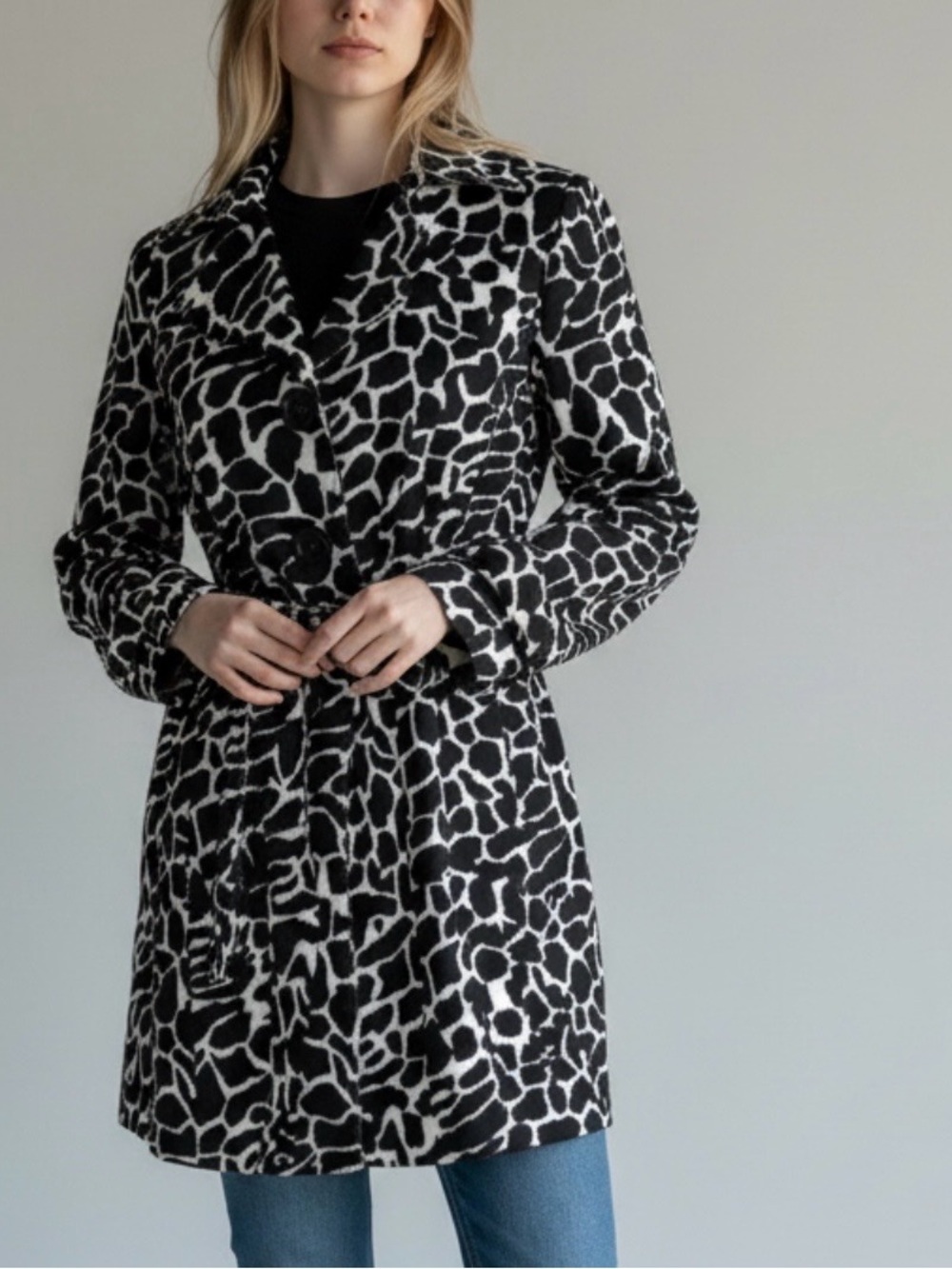 Black & White Printed Peacoat Trench with Belt